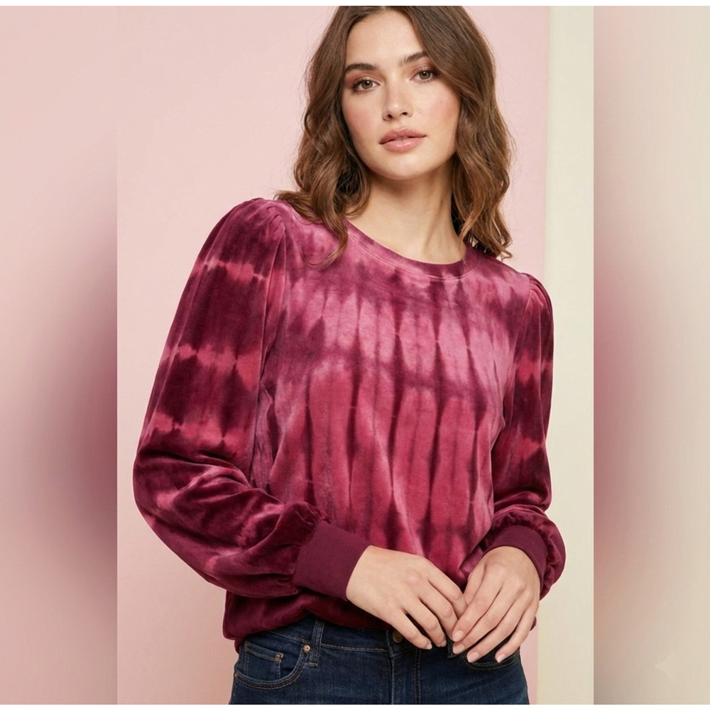 Democracy Velour Pink Burgandy Tie Dye Top Banded Cotton Blend Bishop Sleeves XL